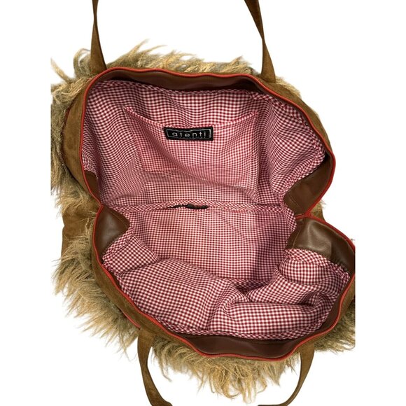 Atenti Brown Faux Fur Shag Weekender Overnight Travel Bag Red Trim Vintage - Picture 8 of 13